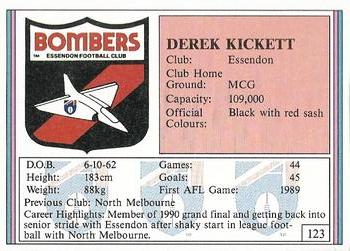 1992 AFL Regina #123 Derek Kickett Back